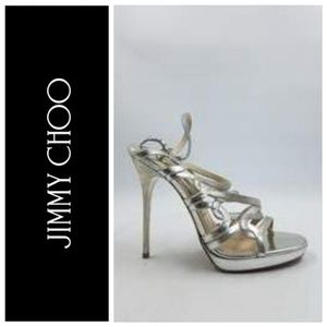 JIMMY CHOO Leather Silver Strappy Glitter Accents Stilettos Size: 9| IT 39